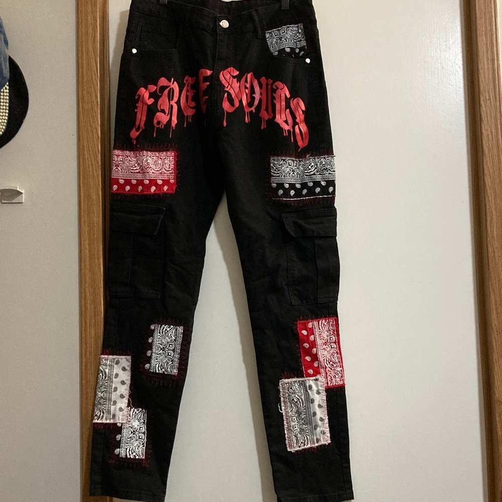 Signature Black Straight Jeans with Red and White Bandana Patchwork